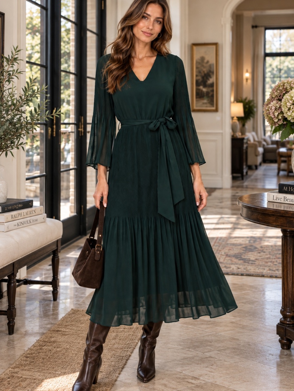 Emerald Green Pleated Midi Dress Bell Sleeve Belted Fall Wedding Guest S Fall
